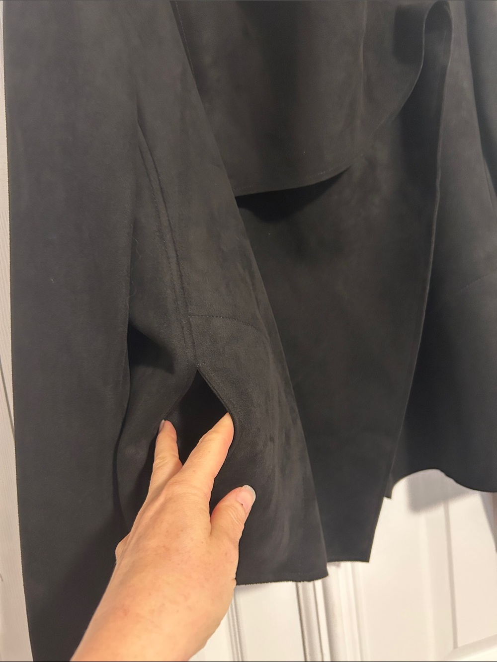 Anne Klein Black Draped Suede Open-Front Asymmetrical Jacket - Picture 4 of 15